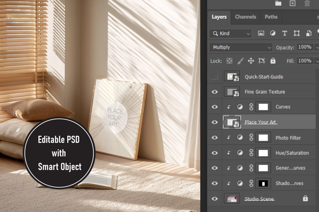 Photoshop layers panel interface showing smart object functionality for a Japandi poster mockup with organized folders and adjustment layers.