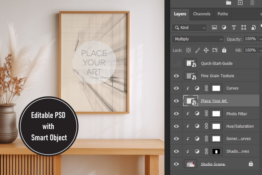 japandi-mockup-psd-layers-smart-object-guide.jpg Photoshop interface showing organized layers and smart object functionality for the Japandi poster mockup collection.