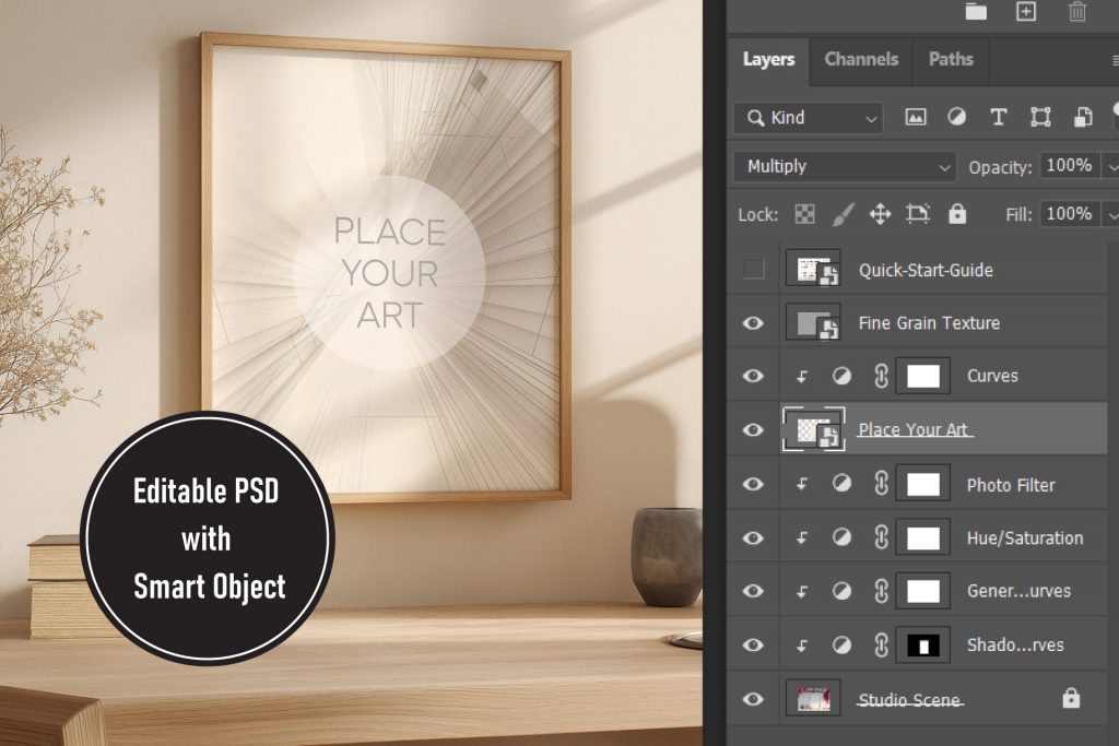 Close-up of Photoshop layers panel showing organized smart objects, adjustment curves, and photo filters for the Japandi mockup collection.