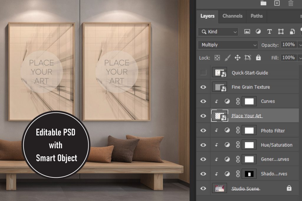 japandi-mockup-psd-layers-technical-tutorial-smart-object.jpg Technical view of a Photoshop layers panel showing smart objects, lighting adjustment layers, and fine grain texture next to a Japandi diptych mockup.