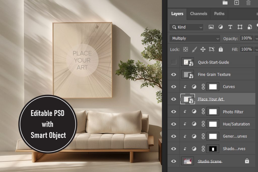 Photoshop workspace displaying the organized layers of a Japandi mockup, featuring a smart object for easy art placement and lighting adjustment layers.