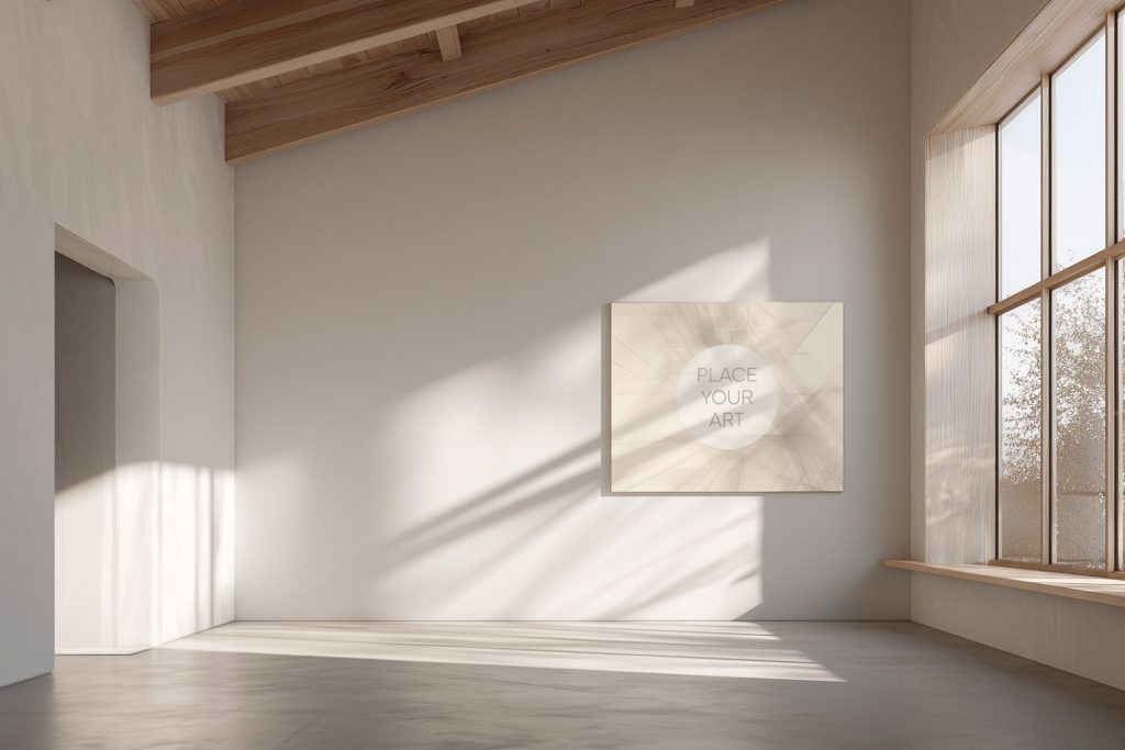 Horizontal light wood frame mockup on a large white wall in a minimalist room with a slanted wooden beam ceiling and expansive windows casting natural shadows.