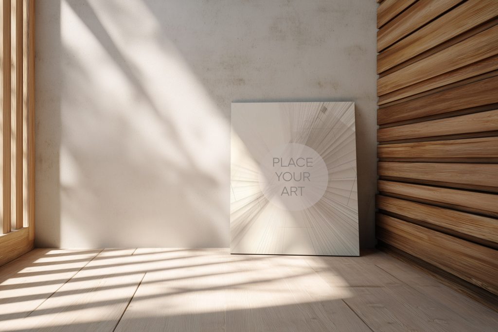 Vertical wooden frame mockup leaning on a textured beige wall with bamboo stalks and horizontal wood paneling under warm sunlight.
