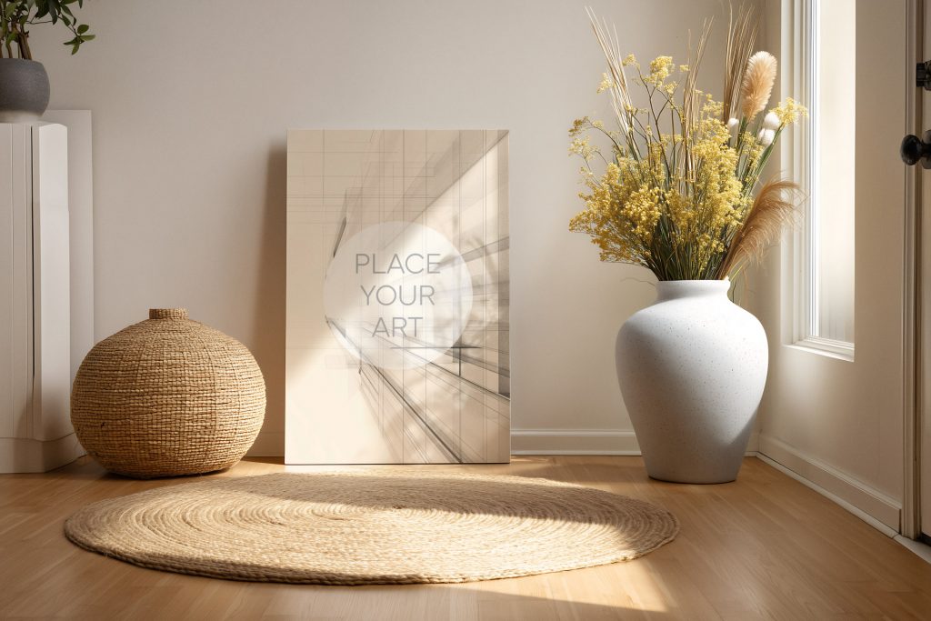 japandi-poster-mockup-white-ceramic-vase-dried-flowers-jute-rug.jpg Vertical poster mockup leaning on a beige wall in a sunlit corner with a white ceramic vase, dried yellow flowers, and a round jute rug.