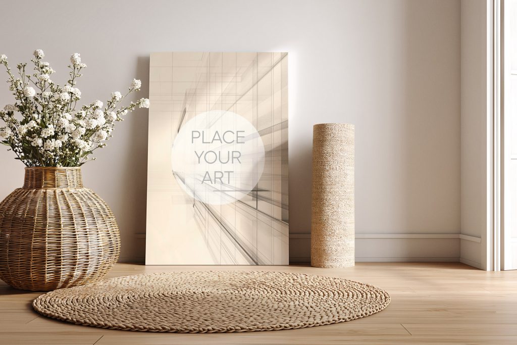 japandi-poster-mockup-wicker-vase-jute-rug-minimalist-living-room.jpg Vertical poster mockup leaning on a white wall next to a large wicker vase with white flowers and a circular jute rug on a wooden floor.