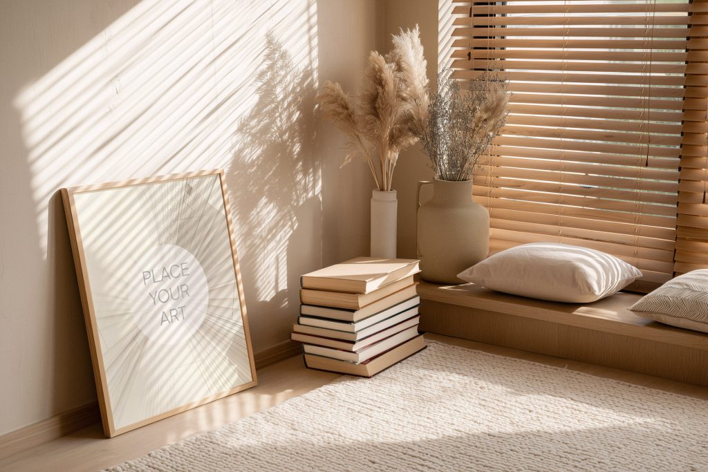 Vertical wooden frame mockup leaning on a beige corner wall next to wooden blinds, a stack of books, and pampas grass vases on a raised platform.
