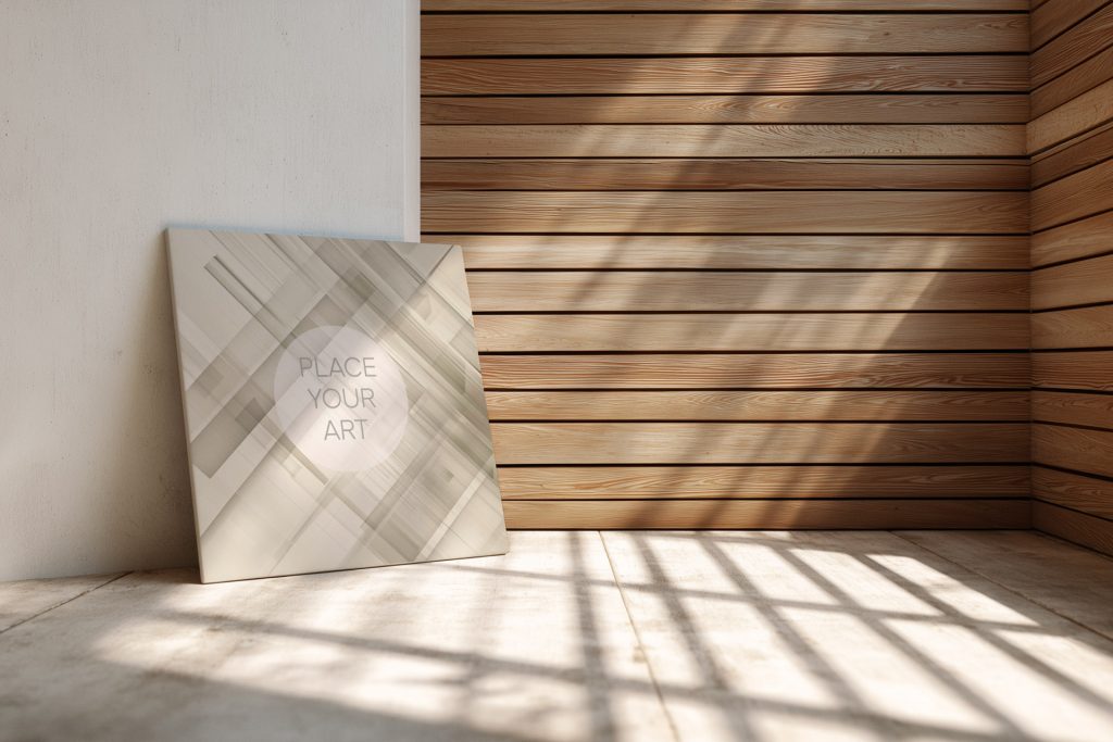 Square canvas mockup leaning against a white wall in a corner with horizontal wooden slats and dramatic sunlight shadows on the floor.