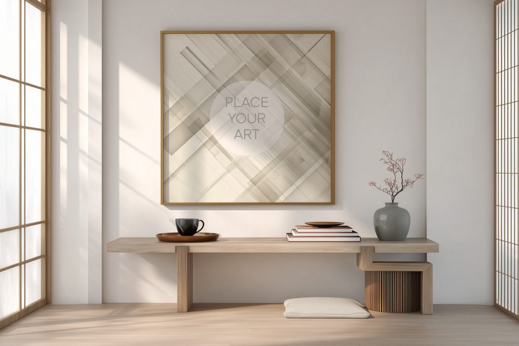 japandi-square-frame-mockup-minimalist-bench-shoji-screen.jpg Square wooden frame mockup hanging on a white wall above a modern oak bench with a tea cup, books, and traditional shoji screens on both sides.