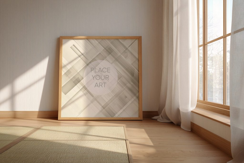 Square wooden frame mockup on a light wood floor with tatami mats, next to a window with sheer linen curtains and soft sunlight.