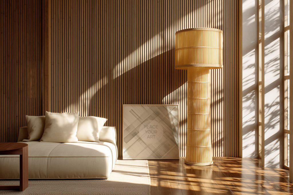 japandi-square-frame-mockup-wooden-slats-bamboo-lamp.jpg Square white frame mockup on a wooden floor next to a beige sofa and a tall bamboo floor lamp against a slatted wood wall.