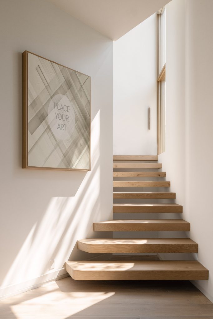 japandi-staircase-mockup-square-oak-frame-floating-stairs.jpg Square natural wood frame mockup on a white wall above floating oak stairs with soft sunlight and leaf shadows.