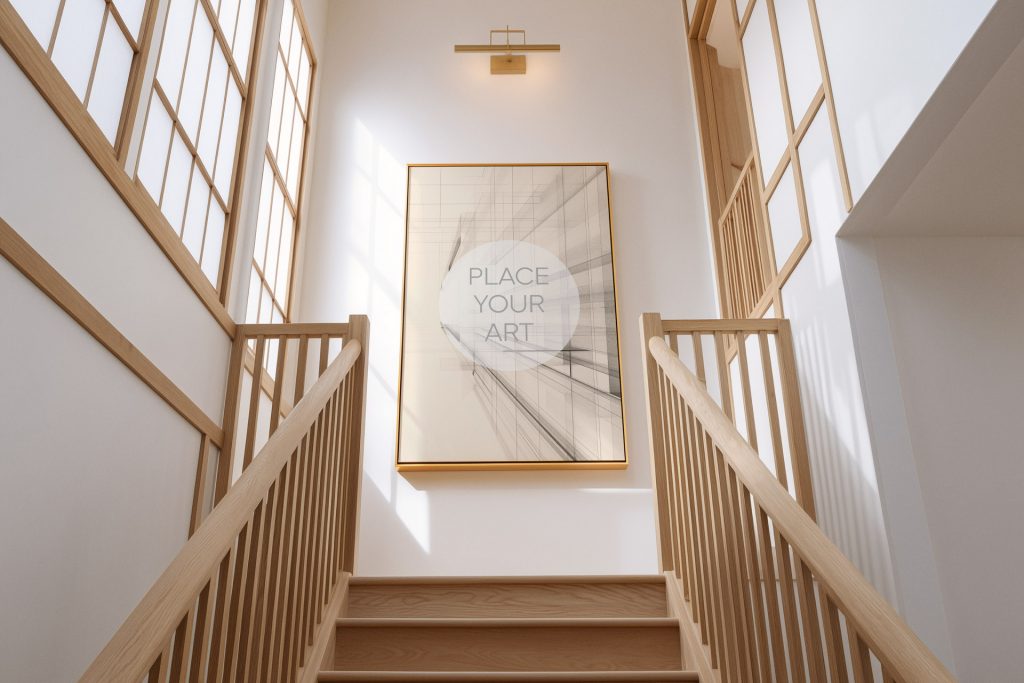 japandi-staircase-mockup-vertical-oak-frame-shoji-interior.jpg Vertical light wood frame mockup on a white wall above a minimalist oak staircase with traditional shoji windows and warm gallery lighting.