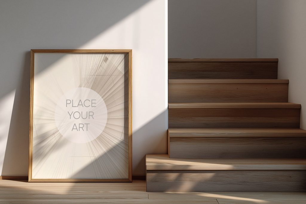 Vertical wooden frame mockup leaning against a white wall next to a modern oak staircase with dramatic diagonal sunlight shadows.