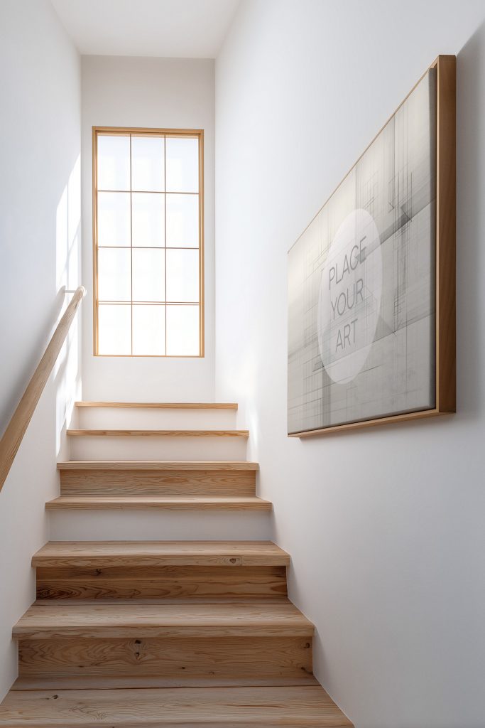 japandi-staircase-wall-mockup-horizontal-oak-frame-natural-light.jpg Horizontal light wood frame mockup on a white staircase wall with oak wooden steps, a minimalist handrail, and a bright window in the background.