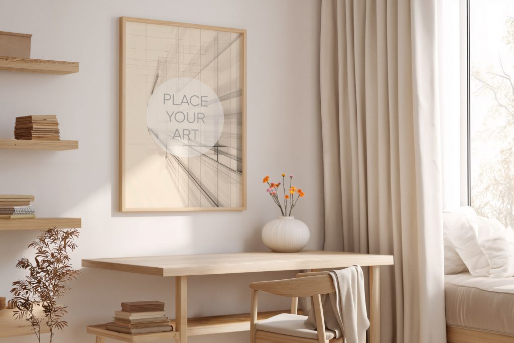japandi-study-corner-mockup-vertical-frame-wooden-shelves-desk.jpg Vertical wooden frame mockup on a white wall in a cozy Japandi study room with floating shelves, a minimalist desk, and a vase with orange flowers.