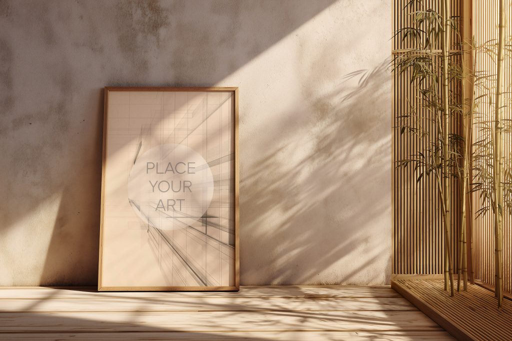 japandi-vertical-frame-mockup-bamboo-plant-organic-shadows.jpg Vertical wooden frame mockup on a beige plaster wall next to bamboo stalks with soft leaf shadows.