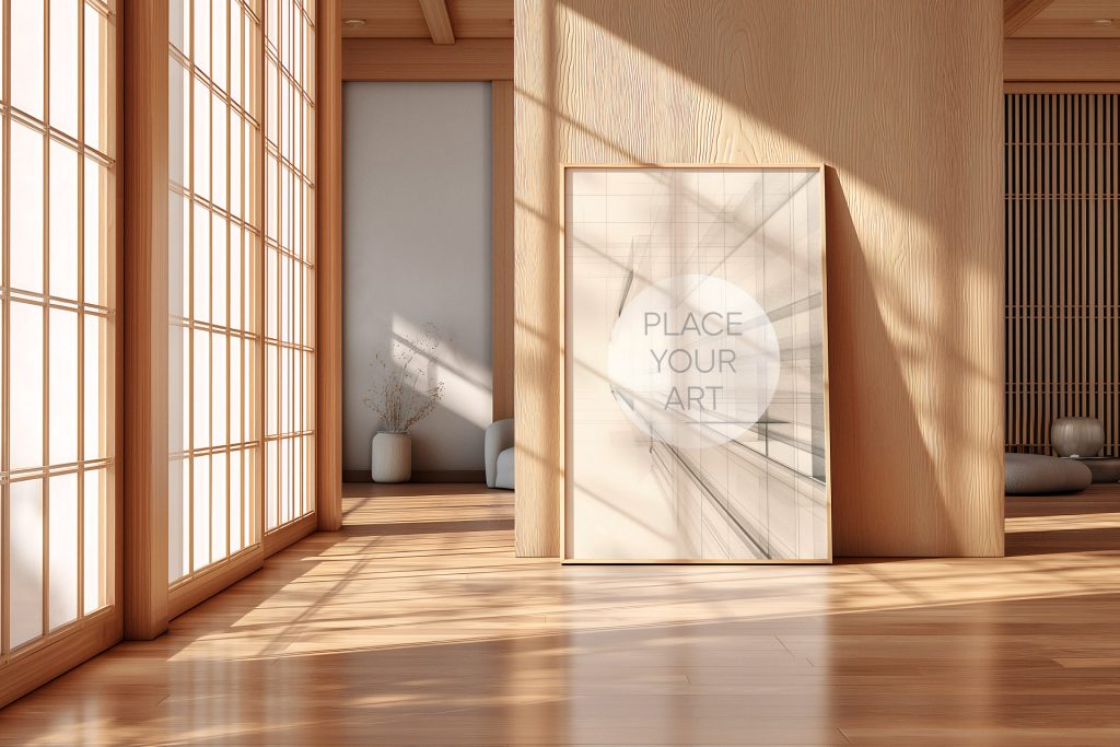 japandi-vertical-frame-mockup-shoji-screen-wooden-wall.jpg Vertical wooden frame mockup leaning against a light wood wall in a Japandi room with a traditional shoji screen and natural sunlight.