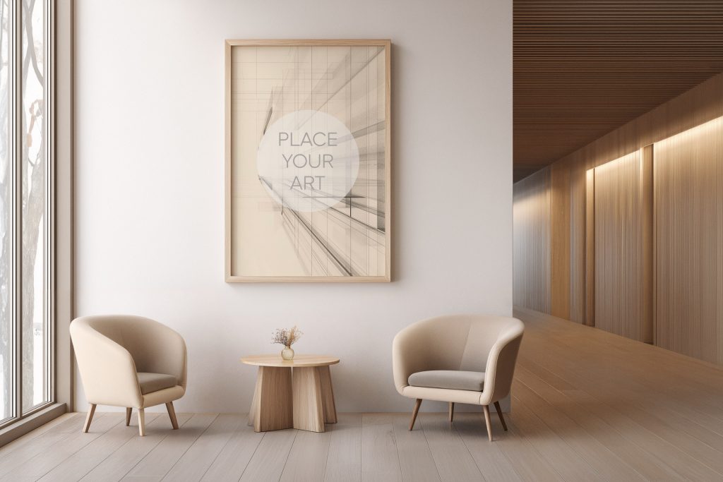 japandi-waiting-area-mockup-large-vertical-frame-lounge-chairs.jpg Large vertical wooden frame mockup on a white wall in a Japandi lounge area with two beige armchairs, a wooden coffee table, and a long lit hallway.