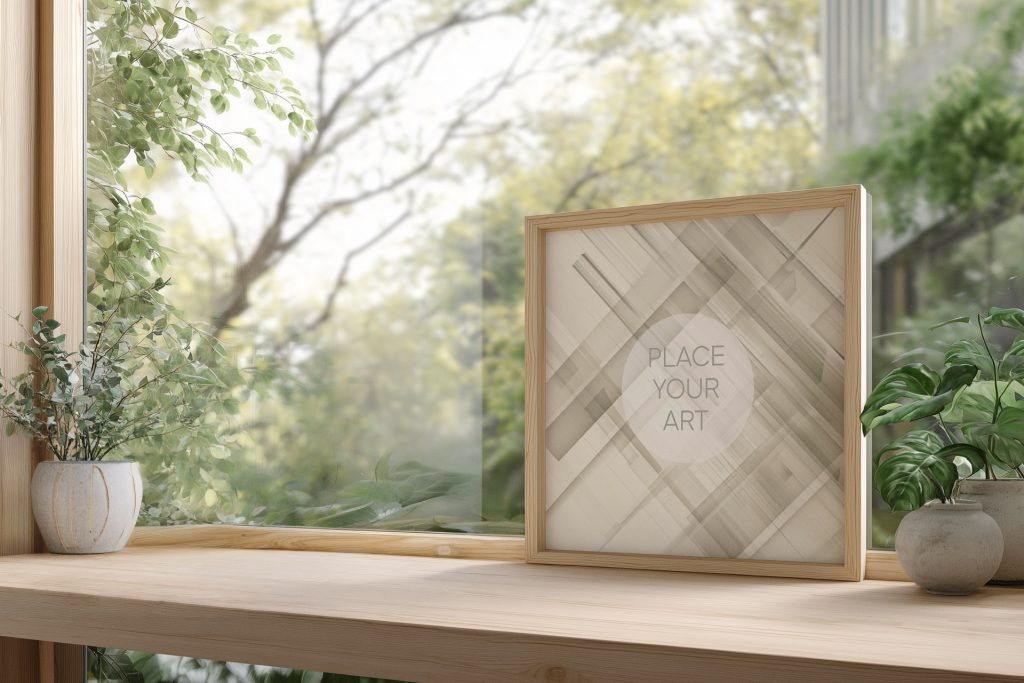 japandi-window-mockup-square-frame-outdoor-garden-view.jpg Square wooden frame mockup leaning on a light oak windowsill with a blurred green garden background and small potted plants.