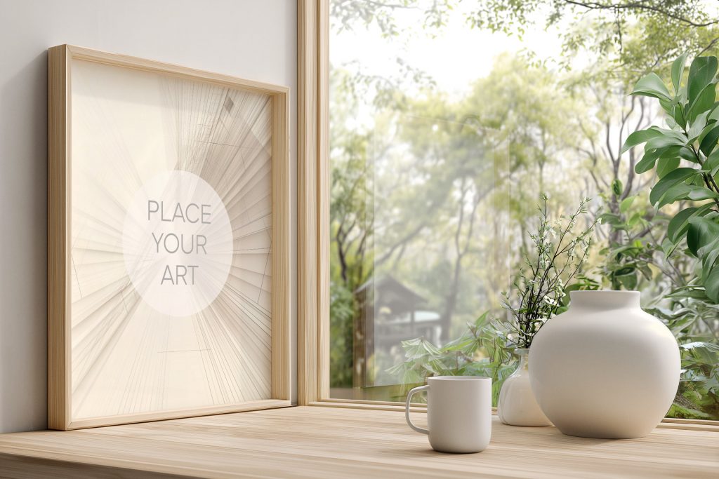 wooden frame mockup leaning on a light oak windowsill next to a white mug and ceramic vase with a blurred green garden background.