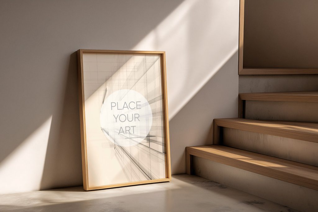 japandi-wooden-frame-mockup-stairs-organic-sunlight.jpg Vertical wooden frame mockup leaning on a beige wall next to minimalist wooden stairs with organic sunlight shadows.