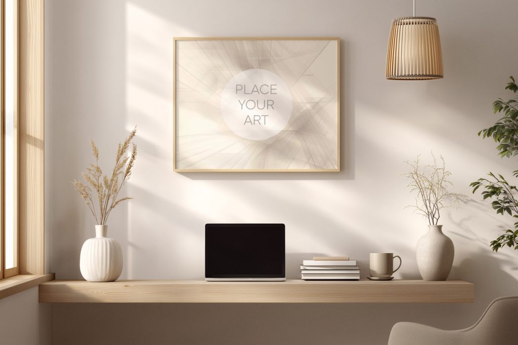 Horizontal wooden frame mockup on a beige wall above a floating oak desk with a laptop, books, and minimalist vases in a sunlit room.