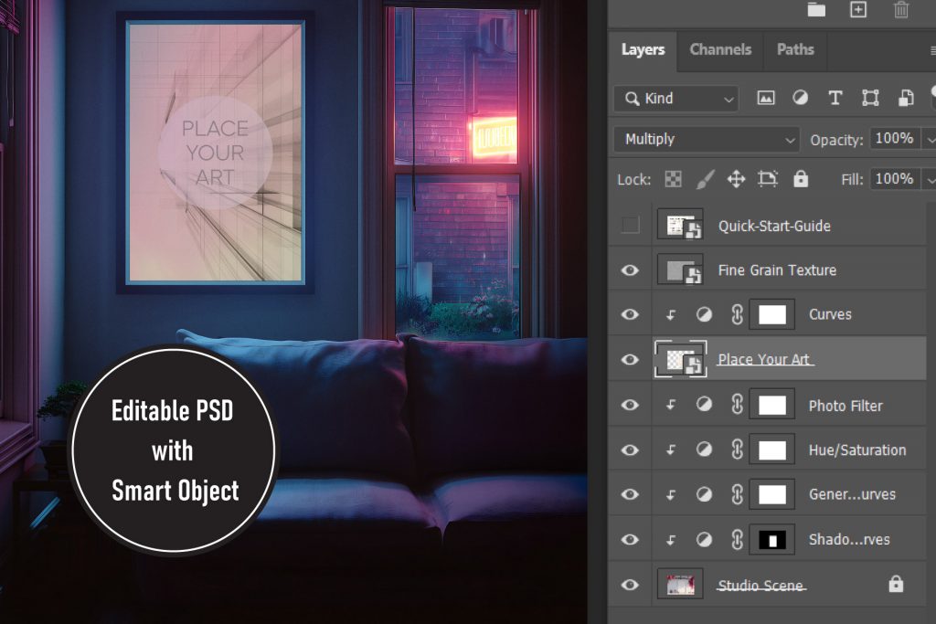 Photoshop layers panel for Lo-Fi wall art mockup showing Smart Objects, organized folders, and grain texture.