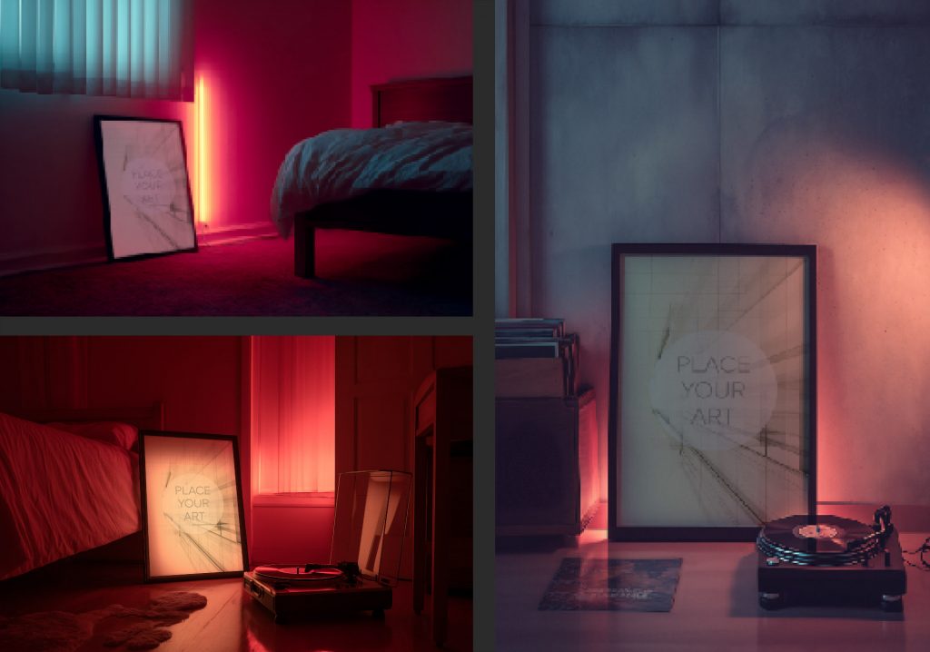 Lo-Fi living room mockup with a vertical wall art frame, blue and magenta neon lighting, and rainy window night view.