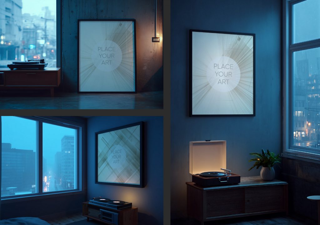 Lo-Fi interior collage with wall art mockups, vintage turntables on wooden furniture, and rainy city window views.