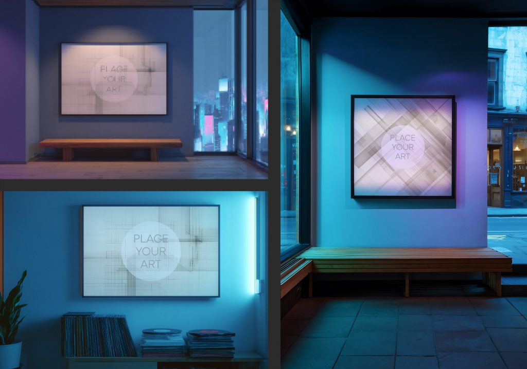 Lo-Fi city skyline mockup collage featuring wooden benches, cyan neon lights, and wall art frames in urban night settings.