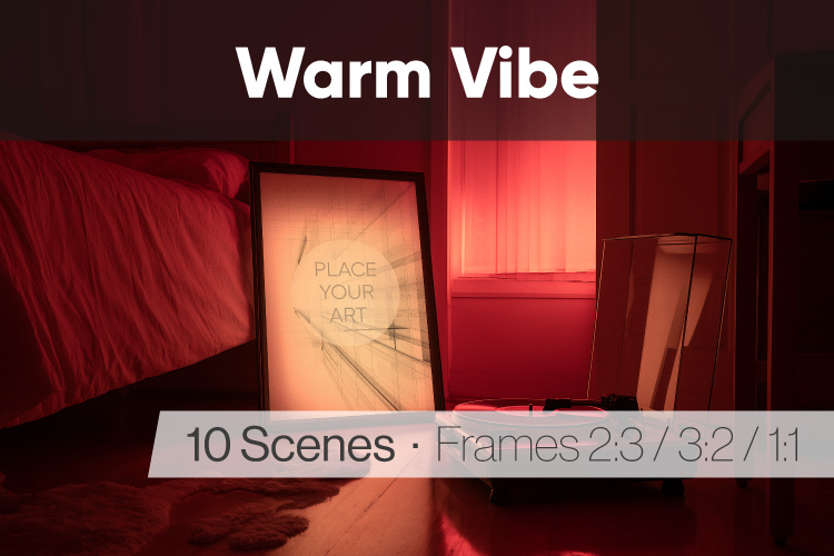Lo-fi wall art mockup in a warm-toned room with soft neon lighting