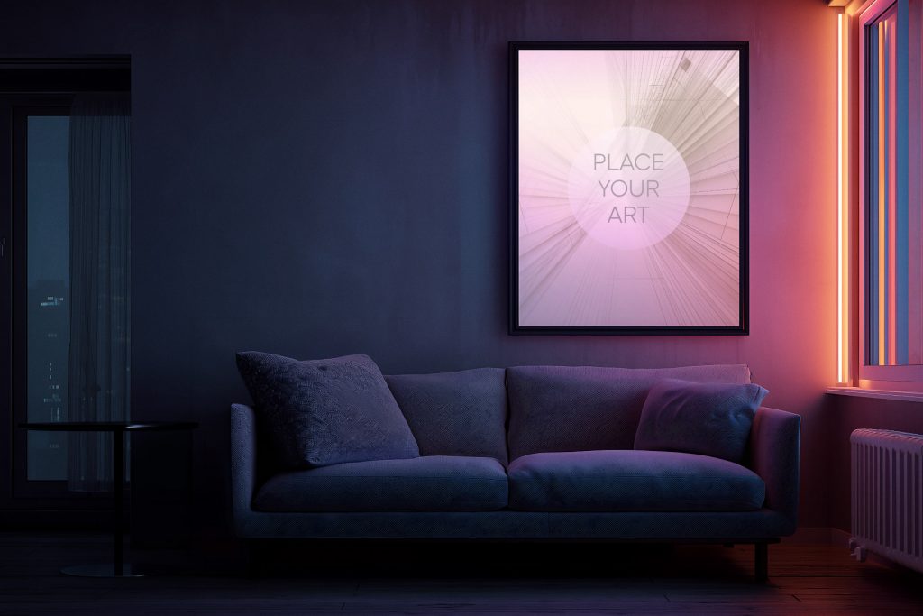 Lo-Fi living room mockup with a vertical wall art frame, cozy sofa, and warm orange neon light bar.