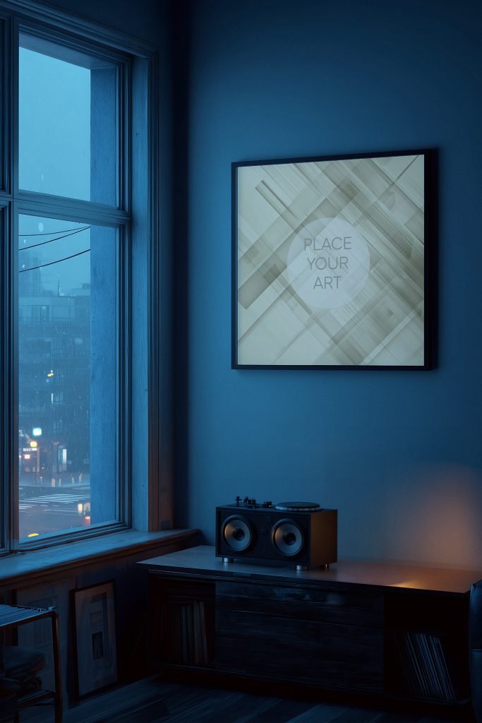 Lo-Fi music studio mockup with a square wall art frame, vintage turntable, and rainy city window view at night.