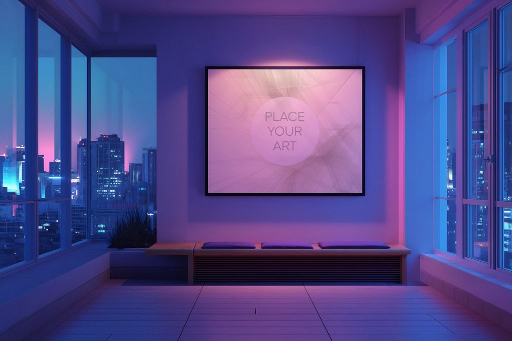 Lo-Fi interior mockup with a horizontal wall art frame, minimalist wooden bench, and urban night city view.