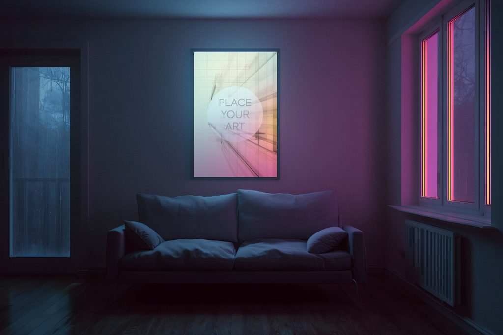 Lo-Fi living room interior with a sofa, vertical wall art mockup, and cinematic blue and magenta lighting.