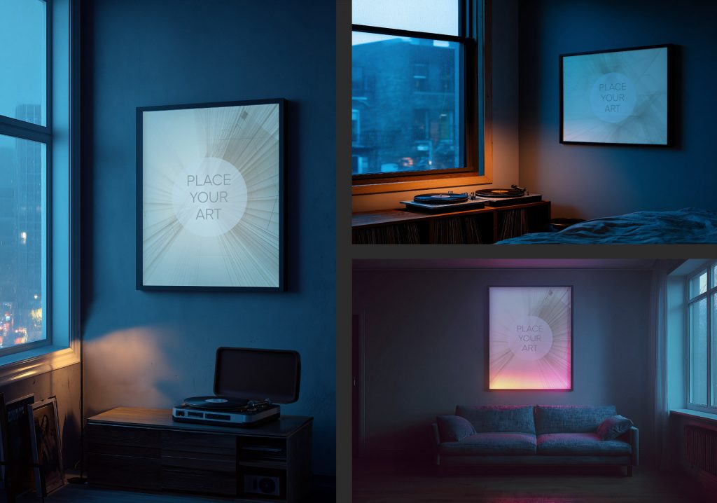 Lo-Fi aesthetic collage featuring wall art mockups, vintage turntables, and rainy window views in urban night interiors.