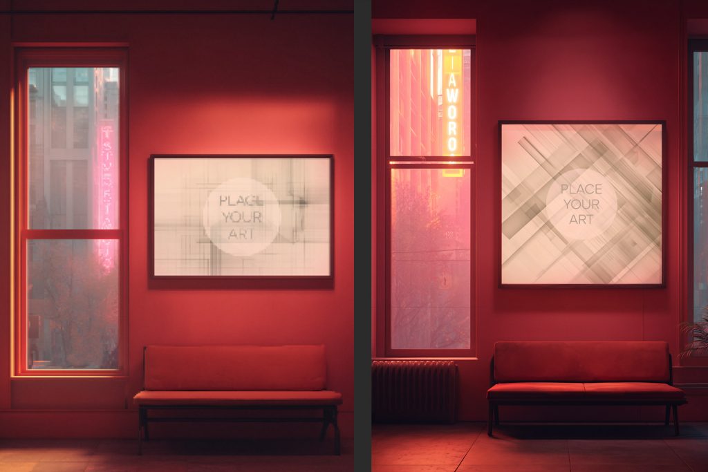 Warm Lo-Fi aesthetic collage featuring wall art mockups, cozy bedroom scenes, and vibrant orange neon window views.