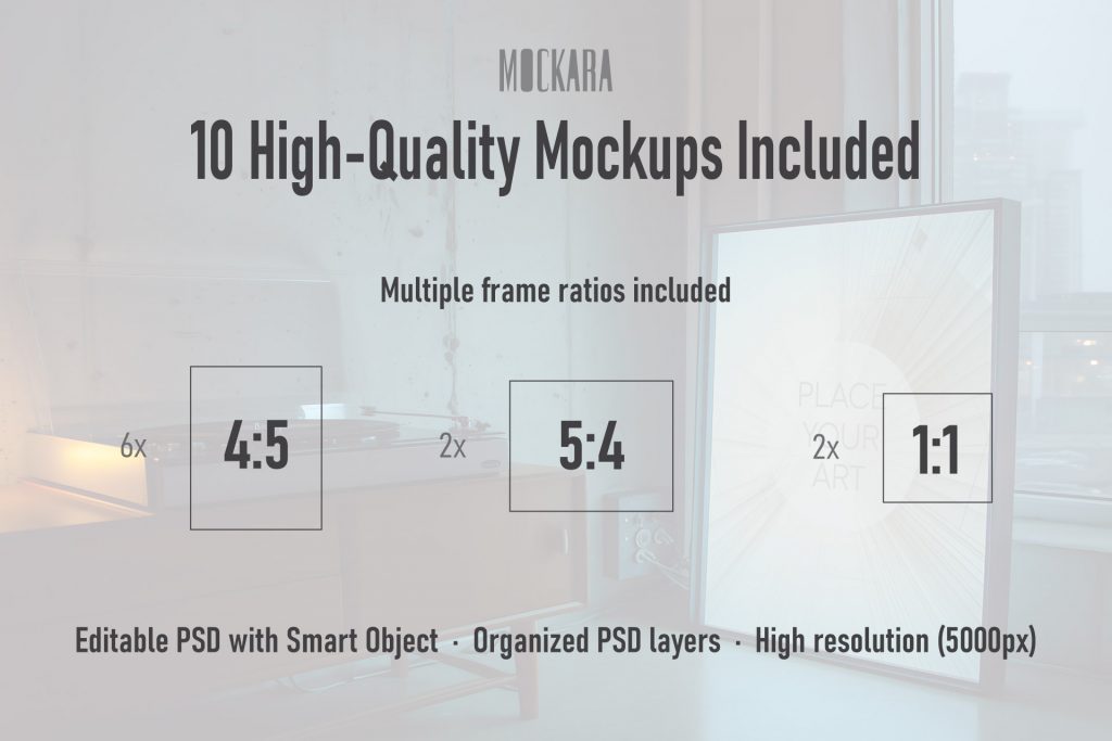 Technical specifications for Lo-Fi wall art mockups showing 4:5, 5:4, and 1:1 frame ratios.