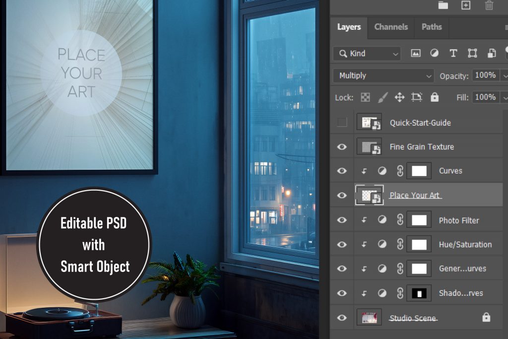 Photoshop layers panel for a Lo-Fi city view mockup featuring Smart Objects, organized folders, and urban night lighting filters.