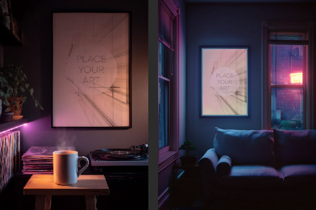 Lo-Fi interior with record player, steaming coffee cup, and wall art mockup in a blue and pink neon night setting.