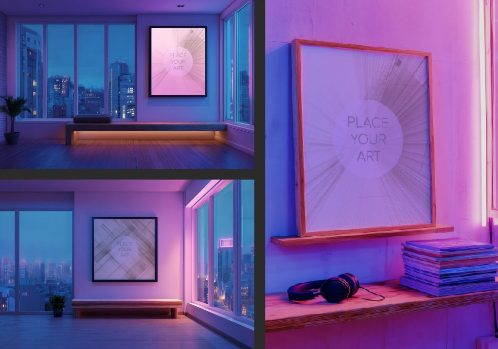 Lo-Fi studio collage with vertical and square wall art frames, pink and violet neon lighting, and city skyline window views.
