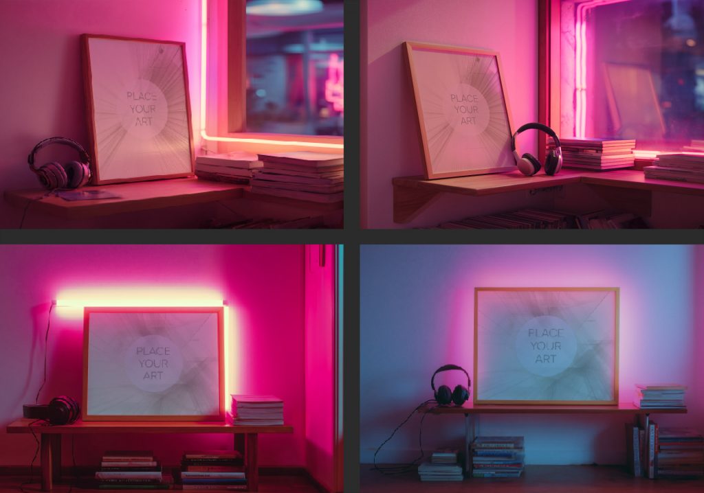 Lo-Fi workspace collage with vertical and horizontal art frames, pink neon glow, headphones, and stacked books on wooden shelves.