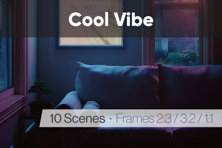 Lo-fi wall art mockup in a cool-toned room with neon light atmosphere