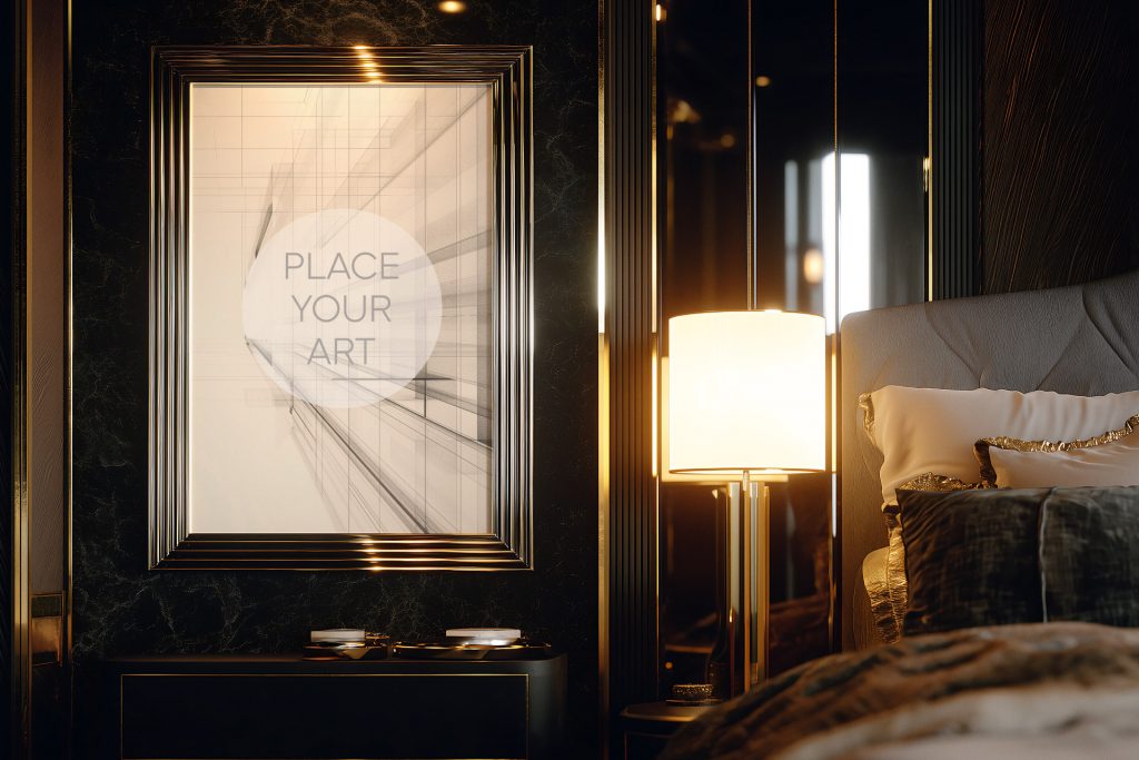 luxury-bedroom-black-frame-mockup-dark-marble-wall-art-deco.jpg Vertical glossy black frame mockup on a dark marble wall in a luxury bedroom featuring a warm bedside lamp and golden accents.