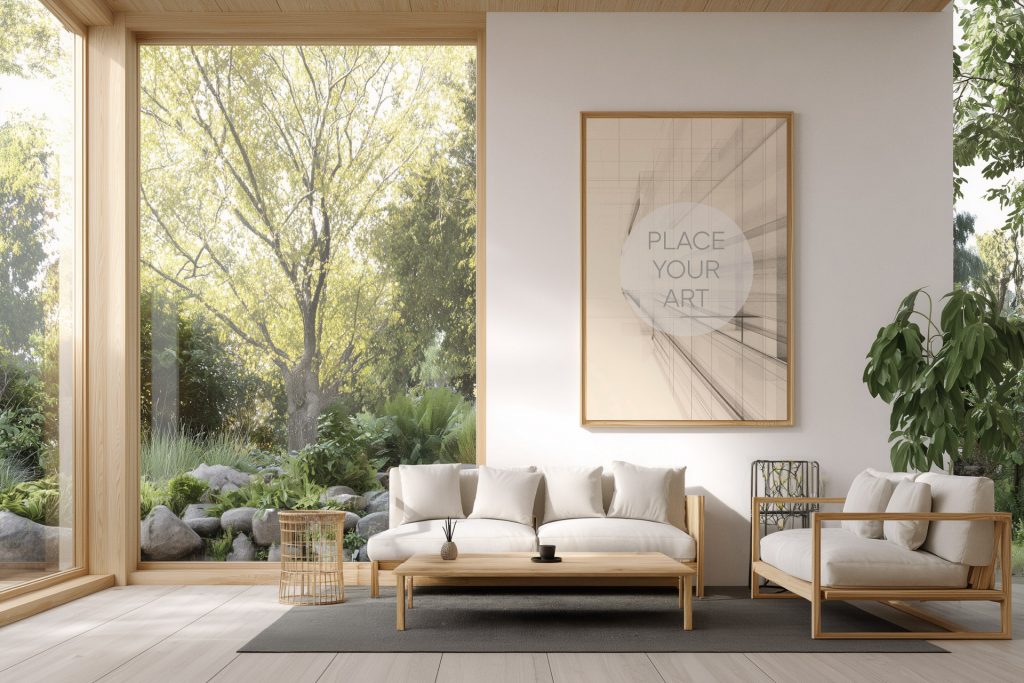 luxury-japandi-living-room-mockup-vertical-frame-garden-view.jpg Large vertical wooden frame mockup on a white wall in a bright minimalist living room with a sofa, armchair, and a huge window overlooking a lush green garden.