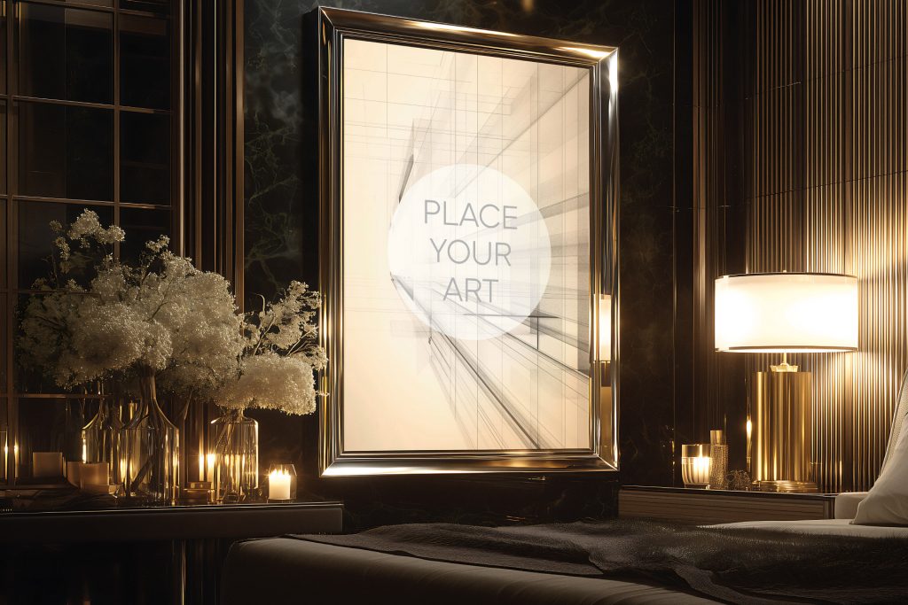 luxury-nightstand-silver-frame-mockup-dark-marble-candles-lighting.jpg Vertical polished silver frame mockup on a dark marble wall above a luxury nightstand with flickering candles, white flowers, and a golden lamp.