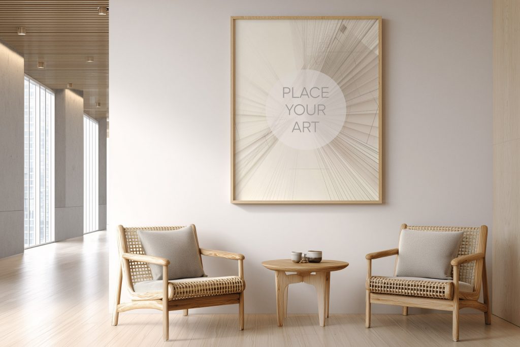 Large vertical wooden frame mockup on a white wall above two designer rattan armchairs and a small oak coffee table in a modern corporate lobby.