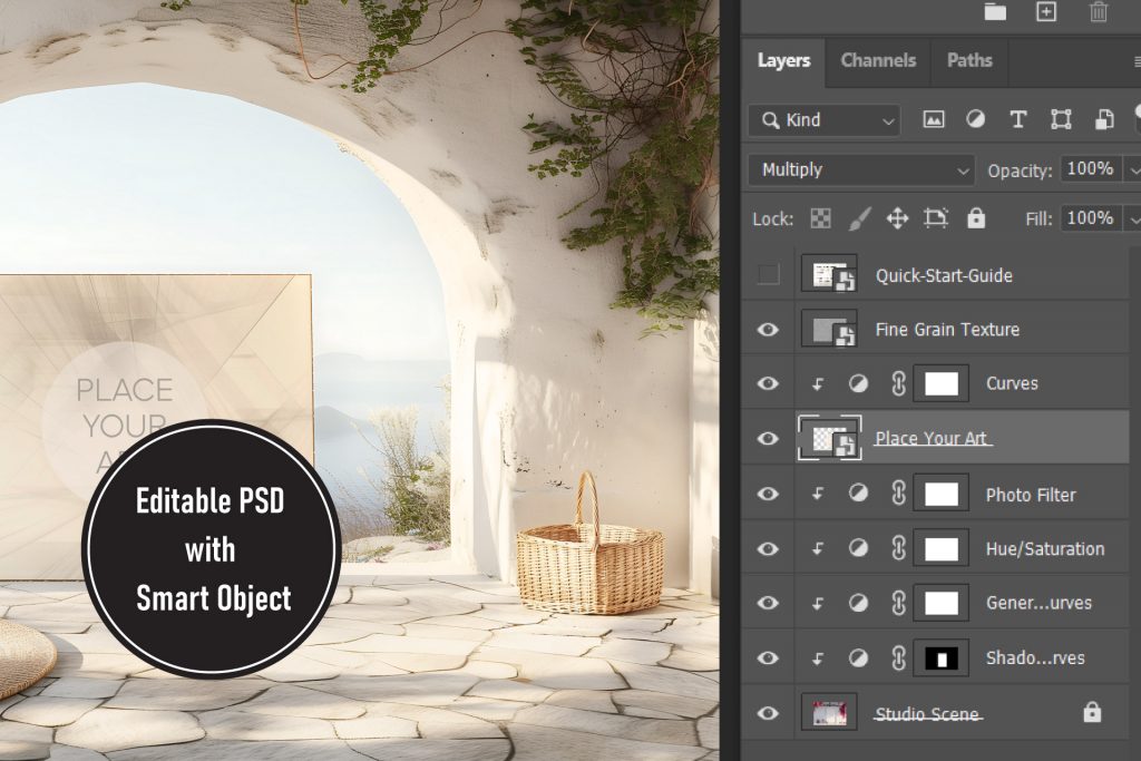 A composite image showcasing an editable PSD mockup interface of a Mediterranean scene within Adobe Photoshop. On the right, the detailed 'Layers' panel is open, clearly displaying the organized layer structure with specific labels like 'Quick-Start-Guide', 'Fine Grain Texture', and crucially, 'Place Your Art'—the smart object layer, highlighted and selected. On the left, the corresponding studio scene of a rustic patio with stone floors, white arches, and a sea view is visible, containing the frame placeholder. A black circular badge with white text, overlaid on the left, explicitly states: "Editable PSD with Smart Object". Bathing in soft, natural daylight.