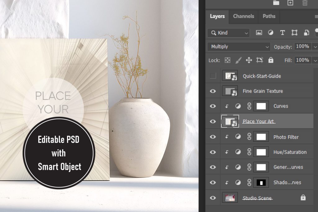 Photoshop layers panel showing an organized PSD template with smart objects, photo filters, and grain textures for a Mediterranean wall art mockup.