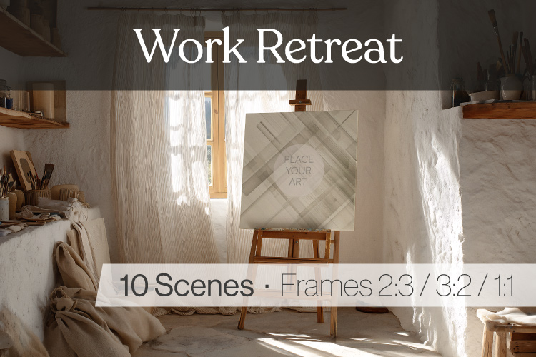 Mediterranean wall art mockup in a calm creative workspace with natural light